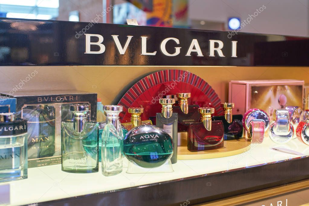 DUBAI, UAE - CIRCA FEBRUARY, 2019: Bvlgari perfumes on display in Duty Free at Dubai International Airport.