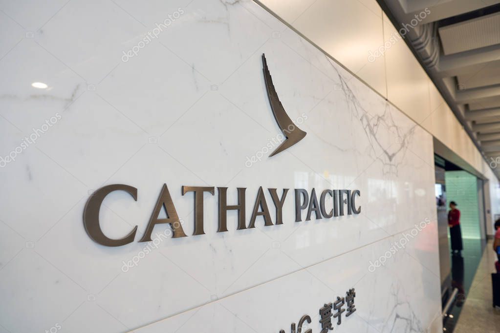 HONG KONG, CHINA - CIRCA APRIL, 2019: close up shot of Cathay Pacific sign at business class lounge in Hong Kong International Airport. Cathay Pacific is the flag carrier of Hong Kong