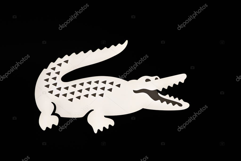 SINGAPORE - CIRCA APRIL, 2019: close up shot of Lacoste sign in Jewel Changi Airport.