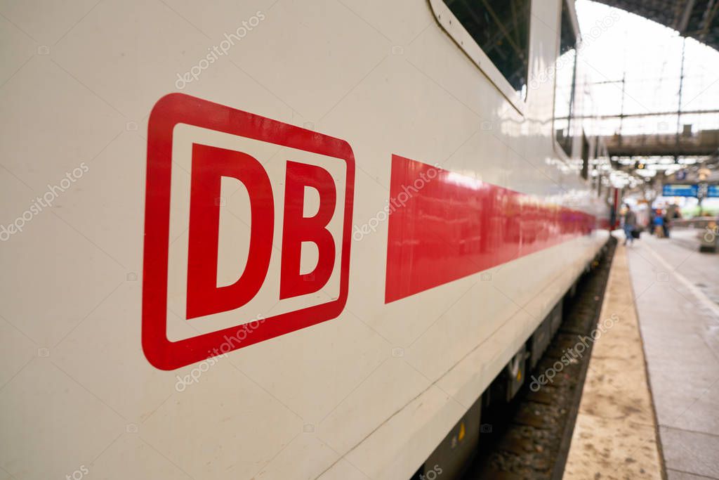 COLOGNE, GERMANY - CIRCA OCTOBER, 2018: close up shot of Deutsche Bahn sign on a train.