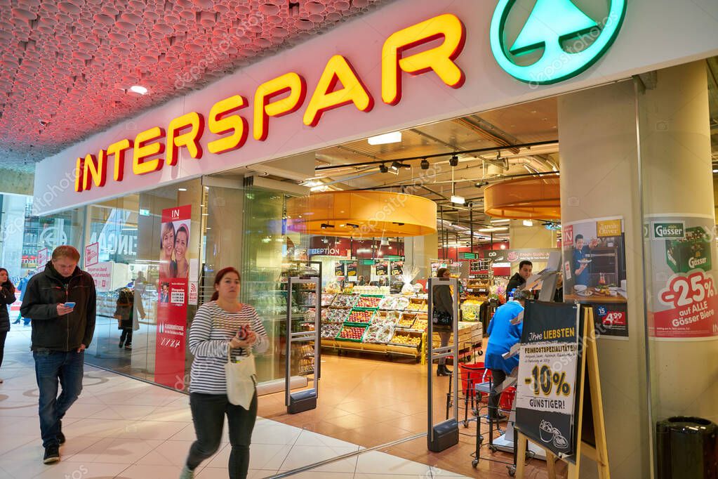 VIENNA, AUSTRIA - CIRCA MAY, 2019: entrance to InterSPAR store in Vienna.