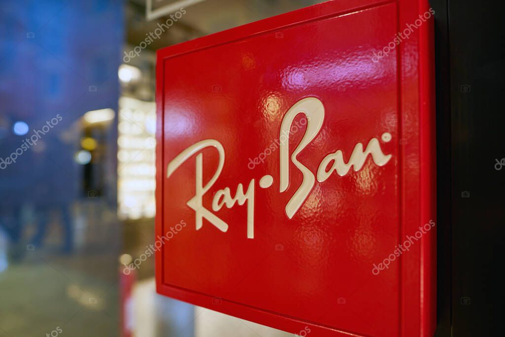 VERONA, ITALY - CIRCA MAY, 2019: close up shot of Ray-Ban sign at a store in Verona.