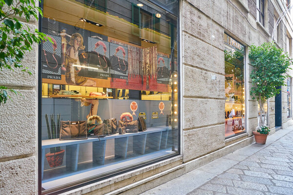 MILAN, ITALY - CIRCA NOVEMBER, 2017: display window at Prada store in Milan. Prada S.p.A. is an Italian luxury fashion house.