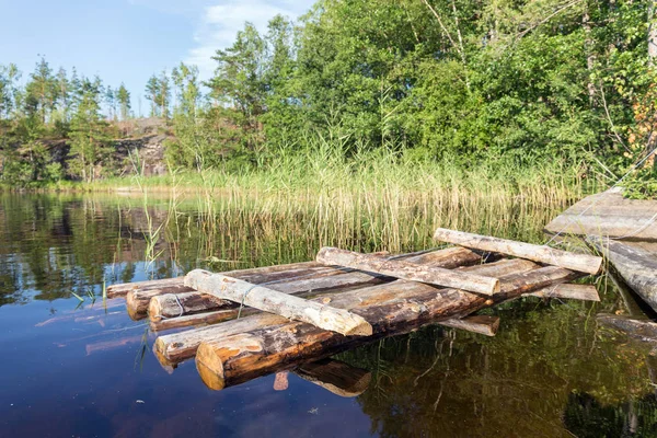 wooden raft near the shore of a forest lake