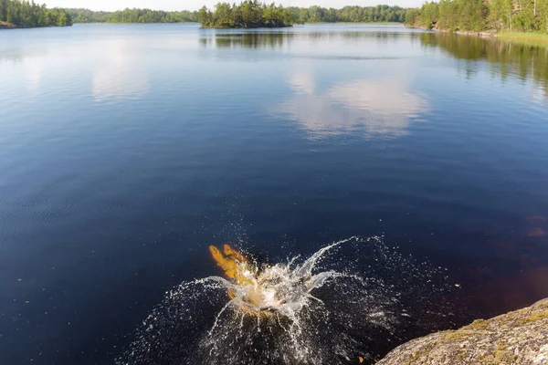 Fille Plonge Dans Lac Falaise — Photo