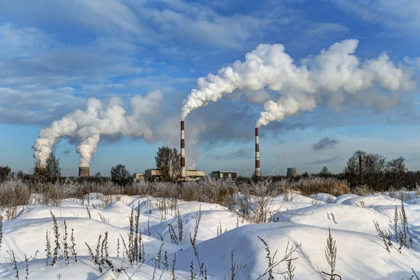 Winter Landscape Smoke Industrial Pipes — Stock Photo, Image
