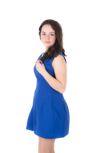 Adolescente Vestido Azul Fundo Branco — Fotografia de Stock