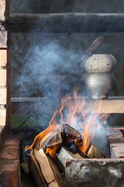 Burning Firewood Brick Hearth Outdoors — Stock Photo, Image