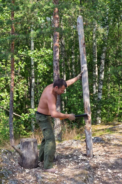 Uomo Tagliare Tronco Legna Ardere Nella Foresta — Foto Stock