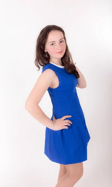 Slim Teen Menina Vestido Azul Fundo Branco — Fotografia de Stock