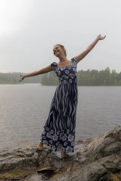 Cheerful Girl Dress Summer Rain — Stock Photo, Image