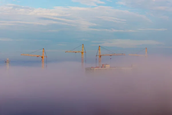 Paysage Sur Chantier Construction Avec Brouillard Matinal — Photo