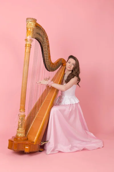 Retrato Estudio Una Chica Tocando Arpa — Foto de Stock