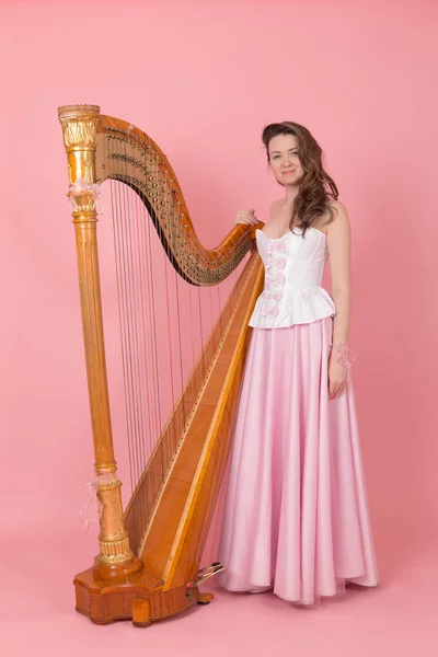 Retrato Estúdio Uma Menina Com Uma Harpa — Fotografia de Stock