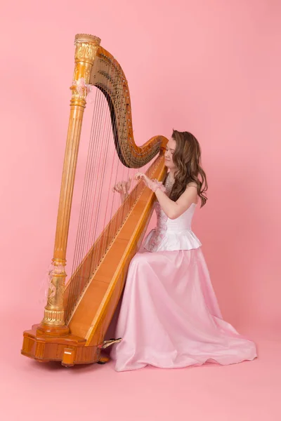 Porträtt Flicka Spela Harpa — Stockfoto