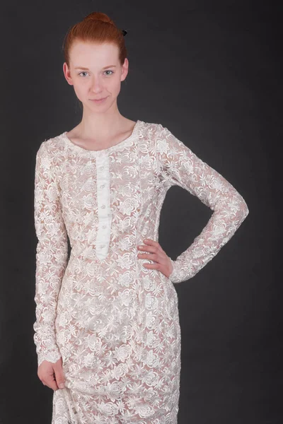 Portrait Slim Girl White Dress — Stock Photo, Image