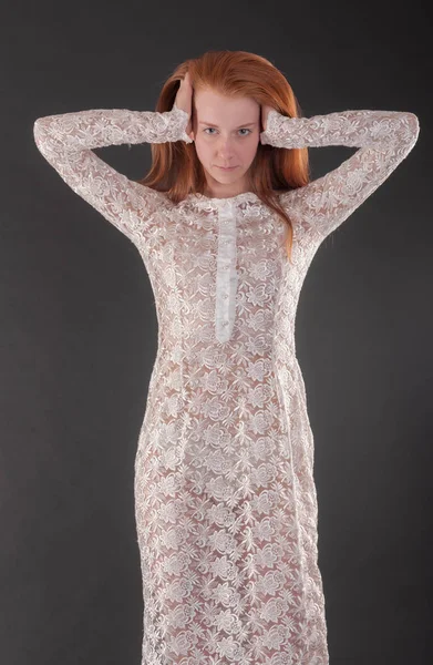 Studio Portrait Slim Girl White Dress — Stock Photo, Image