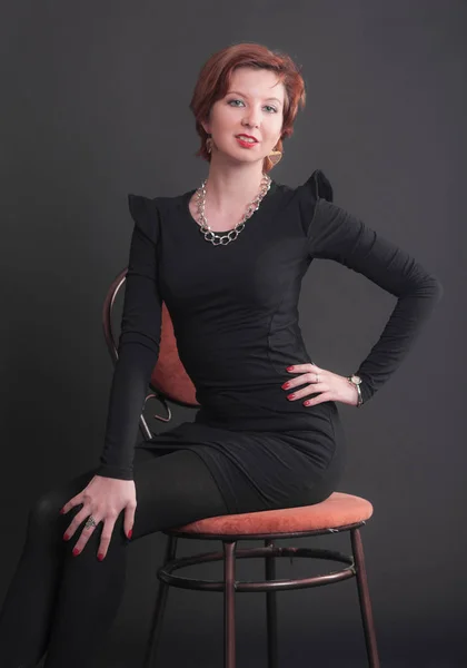 Portrait Slim Girl Black Dress — Stock Photo, Image