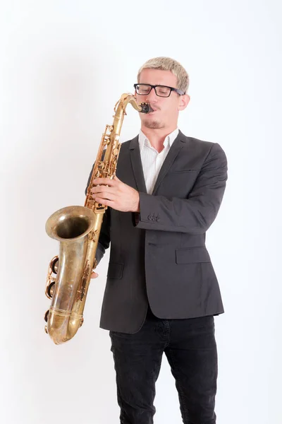 Retrato Estúdio Homem Com Saxofone — Fotografia de Stock