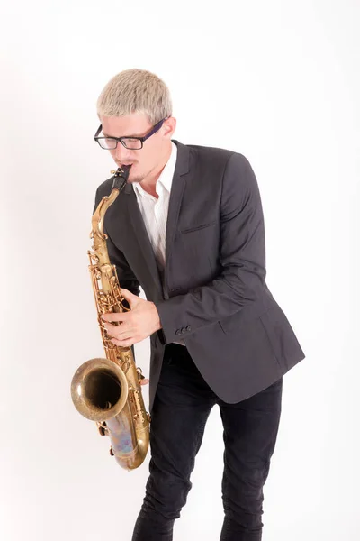 Portrait Studio Homme Avec Saxophone — Photo