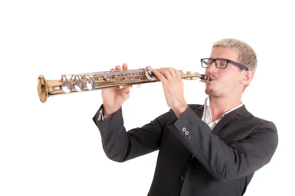 Retrato Estudio Músico Con Saxofón Soprano — Foto de Stock