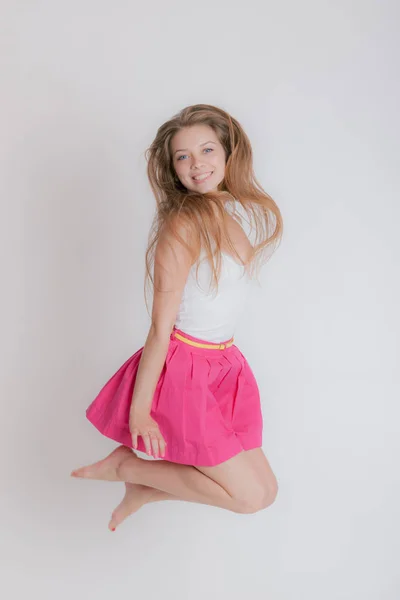 Portrait Cheerful Girl Jump — Stock Photo, Image