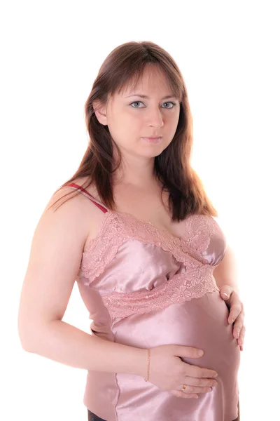 白い背景の上の妊娠中の女性のスタジオ ポートレート — ストック写真