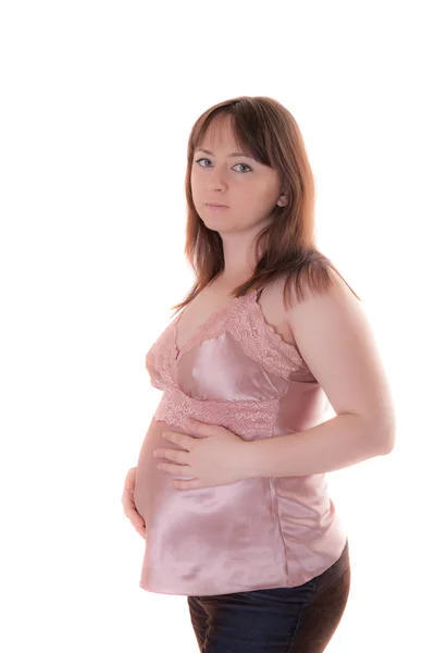 Porträtt Gravid Kvinna Isolerad Vit — Stockfoto