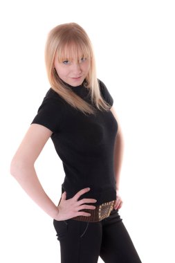 Beyaz arka plan üzerinde ince sarışın portresi