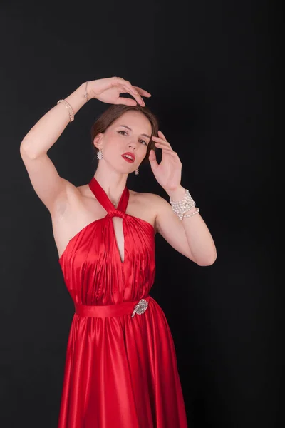 Retrato Chica Sensual Delgada Vestido Rojo —  Fotos de Stock