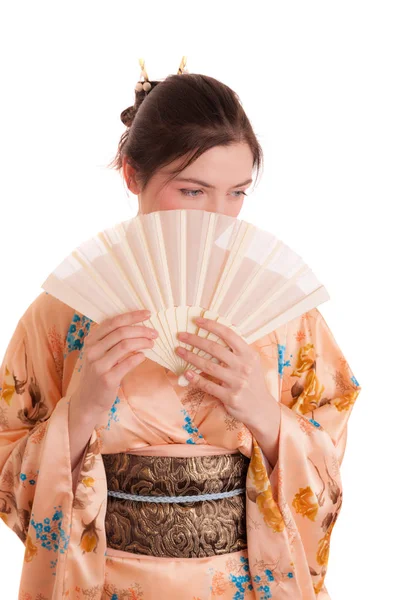 Studio Portrait Girl Kimono Fan — Stock Photo, Image