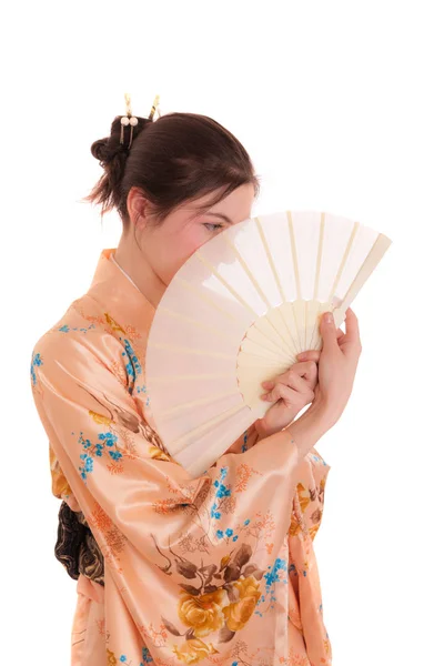 Studio Portrait Girl Kimono Fan — Stock Photo, Image