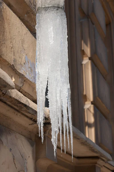 早春の排水管に大きなつらら — ストック写真