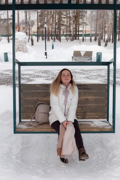 Portret Van Een Meisje Een Schommel Winter — Stockfoto