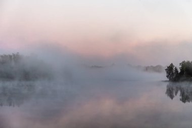bir orman gölü üzerinde yoğun sis