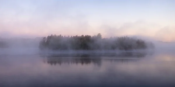 Панорама Лесного Озера Утренним Туманом Над Водой — стоковое фото