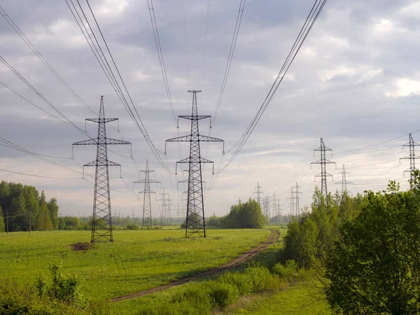 Landschap Met Elektriciteitsleiding Vroege Zomer — Stockfoto