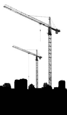 beyaz zemin üzerine vinç ve silüetler binalar inşaat alanı