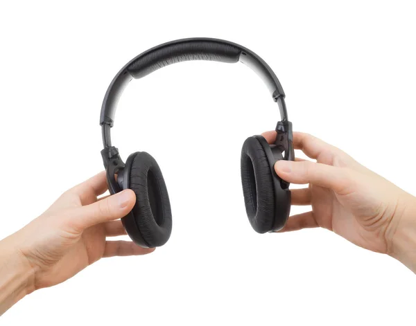 Ακουστικά Στα Χέρια Λευκό Φόντο — Φωτογραφία Αρχείου