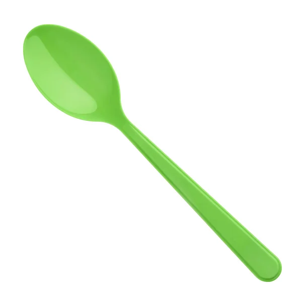 Groene Plastic Lepel Geïsoleerd Witte Achtergrond — Stockfoto