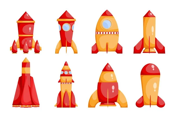Uppsättning Ljusa Röda Och Gula Raketer Tecknad Stil Vit Bakgrund — Stock vektor