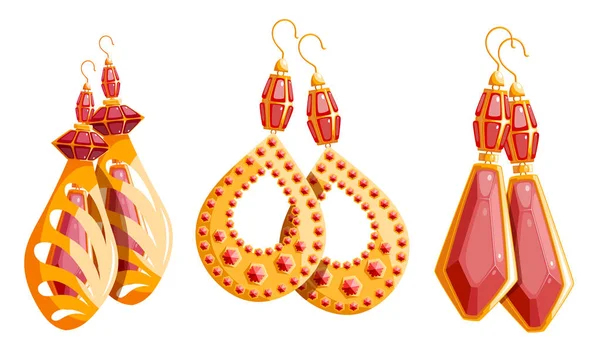 Drei Wunderschöne Goldene Ohrringe Mit Rubinen Auf Weißem Hintergrund Schmuckkollektion — Stockvektor