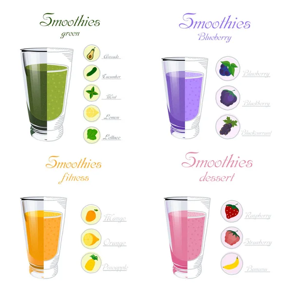 Color Image Collection Realistic Glasses Smoothies White Background Isolated Objects — Stock Vector