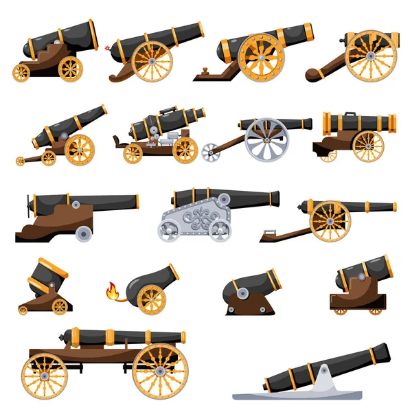 设置老式枪 中世纪大炮在白色背景下射击的彩色图像 卡通风格 战争和侵略的主题 股票矢量图 — 图库矢量图片