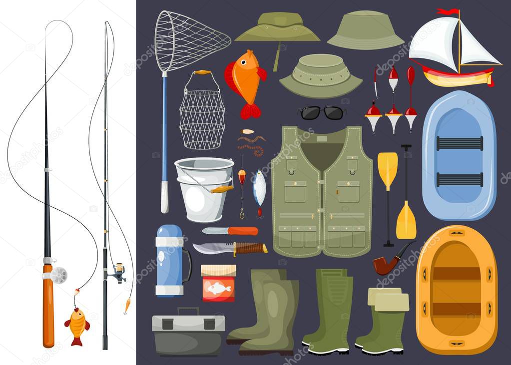 Large set of fisherman fishing gear items with a fishing rod and spinning, boats, boots, net and bait. Vector illustration