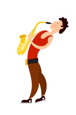 Beyaz zemin üzerine karton bir tarzda bir müzik aleti ile saksofoncu figür. Genç bir adam saksafon ile vektör çizim