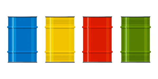 Set Mehrfarbiger Metallfässer Auf Weißem Hintergrund Behälter Für Flüssige Produkte — Stockvektor