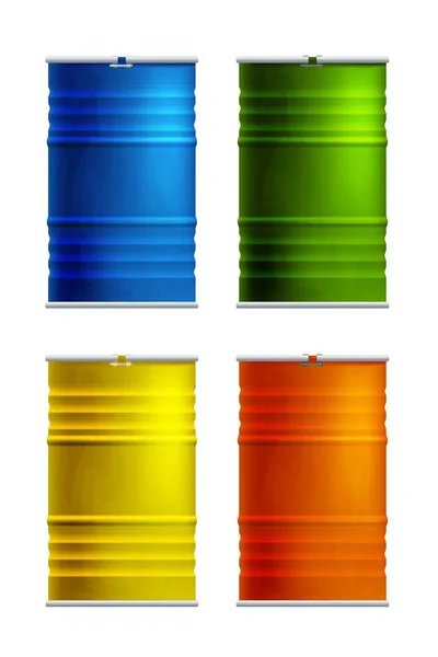 Conjunto Barriles Metálicos Multicolores Sobre Fondo Blanco Contenedores Para Productos — Vector de stock