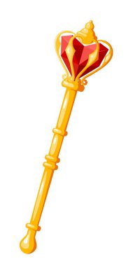 Royal scepter on a white background a symbol of monarchy a sign of power golden wand isolated object. Vector illustration of a golden rod with a ruby heart jewelry clipart
