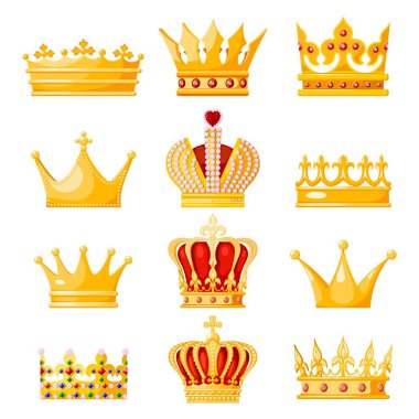 Altın taç hükümdarlar beyaz bir arka plan üzerinde ayarlayın. İzole regalia Kral, Kraliçe, Prenses, Prens. Taç giyme töreni ve güç hedefler. Vektör çizim
